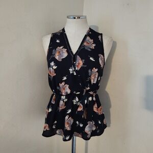 Sienna Sky Womens Black Floral Wrap Peplum Top XS Sleeveless V Neck